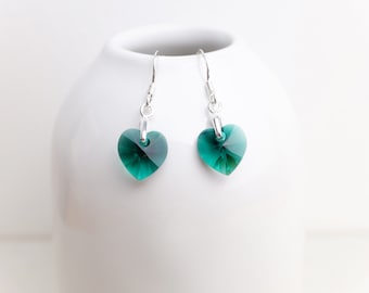 Swarovski Crystal Heart Drop Earrings - Emeralrd Green - Sterling Silver - Wedding Jewellery