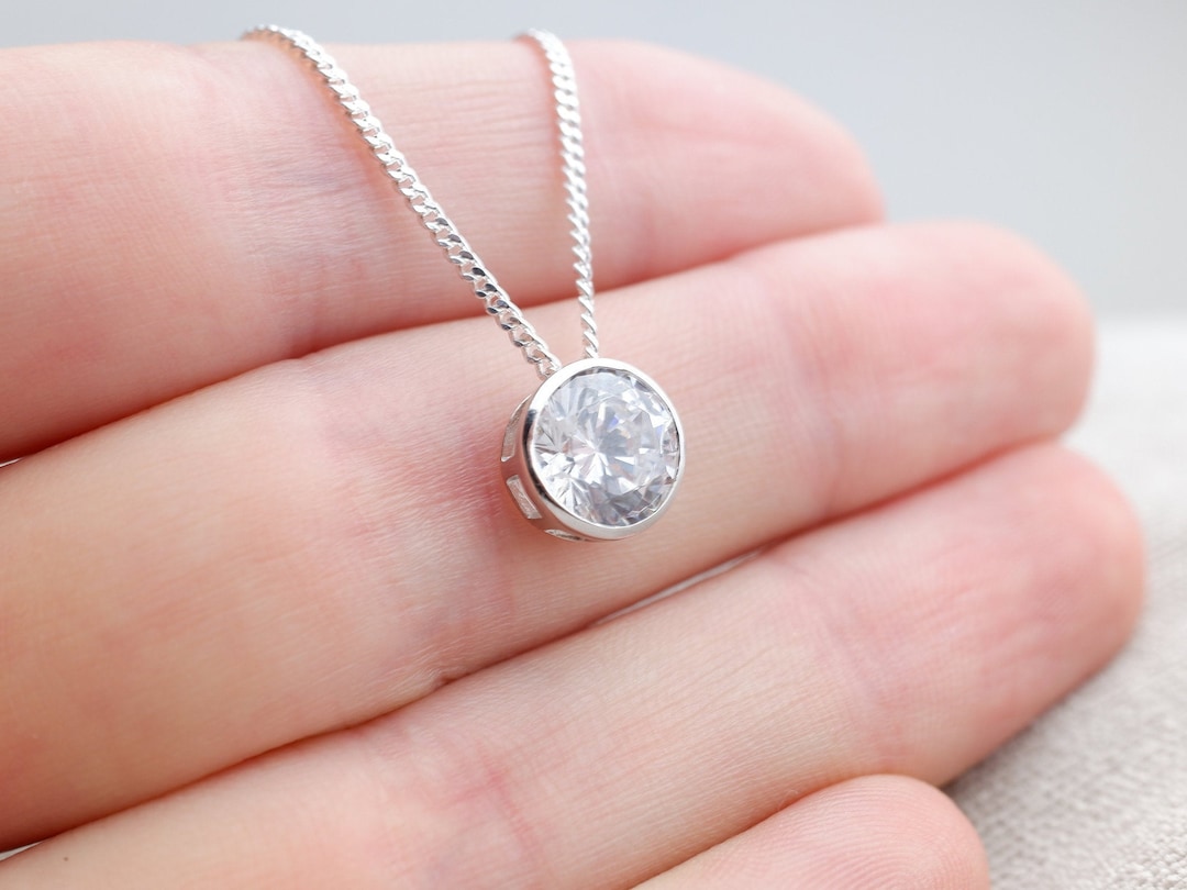 Sterling Silver Bezel Set Cubic Zirconia Round Pendant Necklace Large