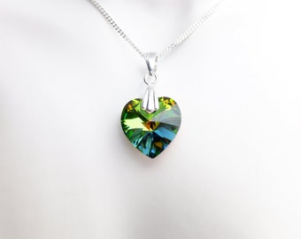 Swarovski Crystal Heart Pendant Necklace - Medium - Vitrail Medium -  Sterling Silver Chain - Wedding Jewellery