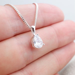 Sterling Silver Cubic Zirconia Pear Shaped Pendant Necklace - Small - Diamond Cut Sterling Silver Chain - Wedding Jewellery