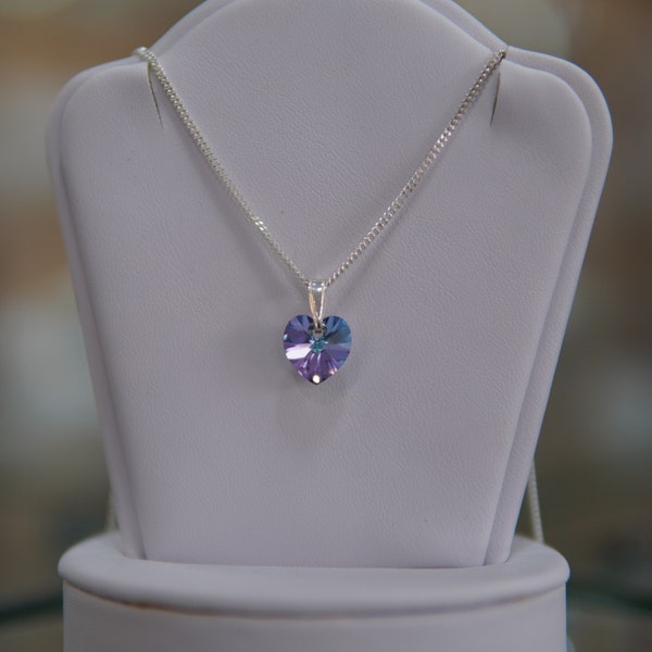 Swarovski Crystal Heart Pendant Necklace (Multiple Colours) - Small - Diamond Cut Sterling Silver Chain - Wedding Jewellery