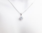 Sterling Silver Cubic Zirconia Round Pendant Necklace - Diamond Cut Sterling Silver Chain - Wedding Jewellery