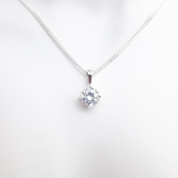 Sterling Silver Cubic Zirconia Round Pendant Necklace - Diamond Cut Sterling Silver Chain - Wedding Jewellery