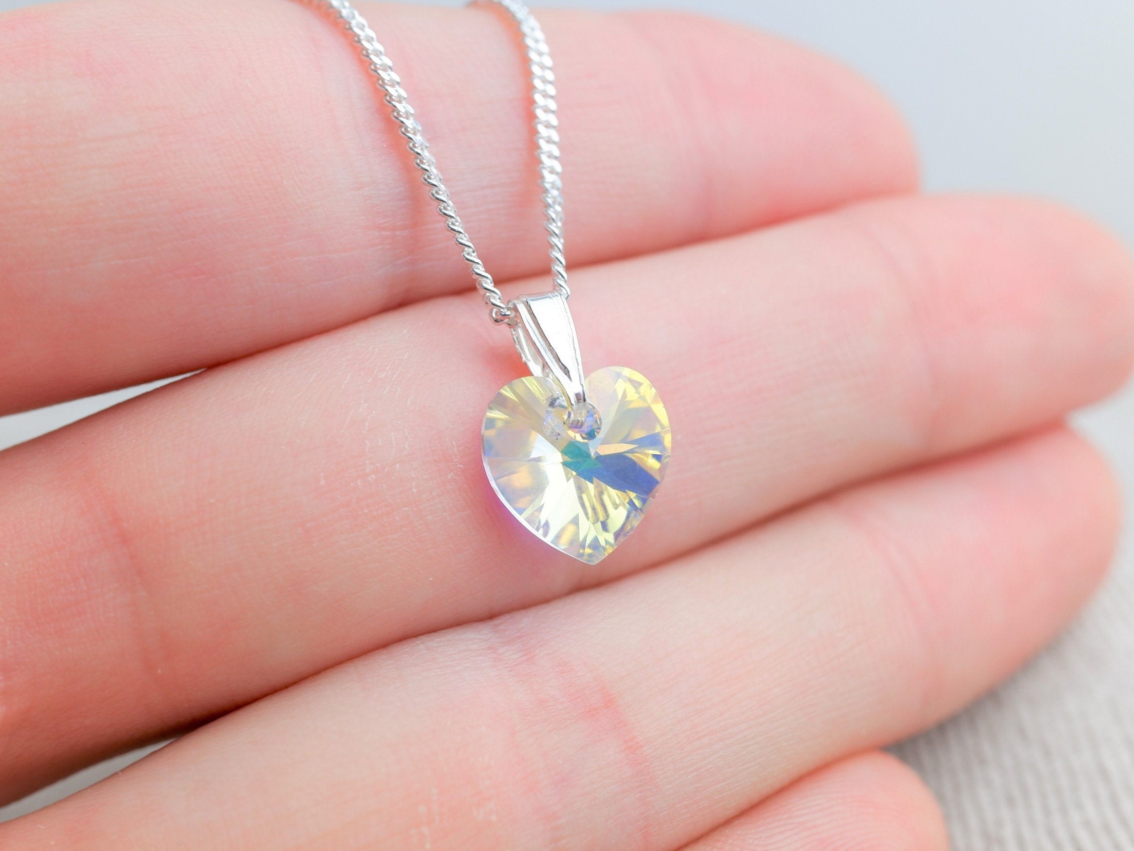 Swarovski Crystal Heart Pendant Necklace Small Crystal AB Diamond Cut Sterling Silver Chain Wedding Jewellery Etsy Canada