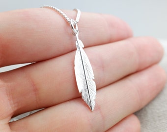 Sterling Silver 30mm Feather Pendant Necklace - Diamond Cut Sterling Silver Chain - Boho Jewellery