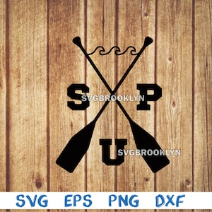 May include: Black and white graphic design of two crossed paddles with the word "SUP" in the center. The paddles are crossed in an "X" shape and the word "SUP" is in a bold font. The text "SVGbrooklyn" appears twice on the image.