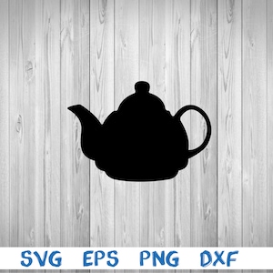 May include: A black silhouette of a teapot with a rounded body and a spout on the left side. The teapot has a handle on the right side.