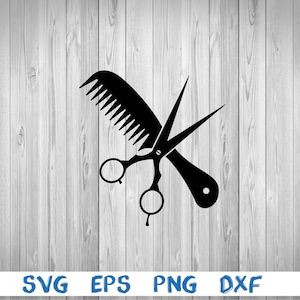 May include: Black silhouette of a pair of scissors and a comb on a white wood background.