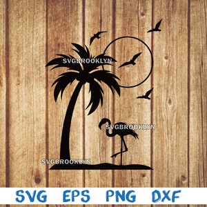 Flamingo with palm tree, flamingo, palm tree, island, landscape, svg, png, eps, dxf, digital file