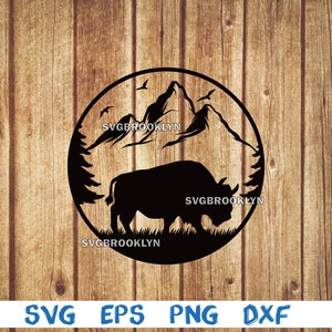 Bison, american bison, landscape, mountain, tree, birds, svg, png, eps, dxf, digital file