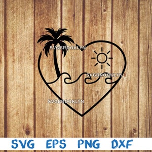 Puede incluir: Silueta en blanco y negro de una palmera, el sol y las olas dentro de una forma de corazón.