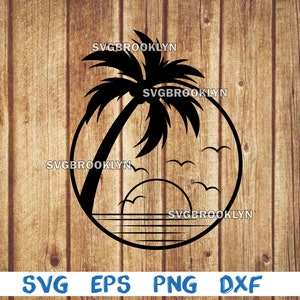 Palmboom, tropisch eiland, zonsondergang, vogels, landschap, foto, svg, png, eps, dxf, digitale cricut bestand