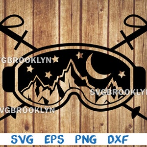 May include: Black and white silhouette of ski goggles with a mountain range, moon, and stars inside. The goggles are crossed with two ski poles.