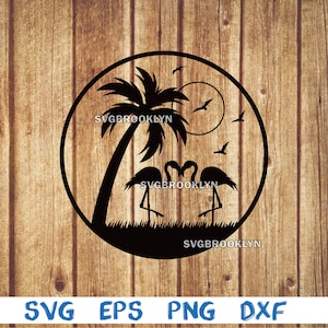Flamingos on beach, island, flamingo, palm tree, sunset, svg, png, eps, dxf, digital file