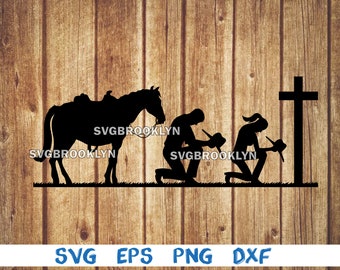 Cowgirl and cowboy praying, cowgirl kneeling, praying cowgirl, praying cowboy, praying at cross, with horse, svg, png, eps, dxf digital file