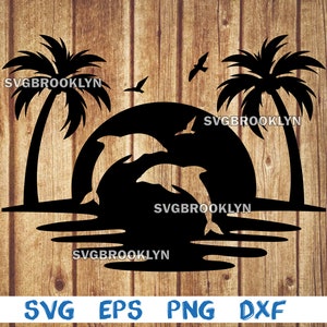 May include: Black silhouette of two dolphins jumping out of the water with a sunset behind them. Two palm trees are on either side of the sunset. The text "SVG BROOKLYN" appears four times in the image.