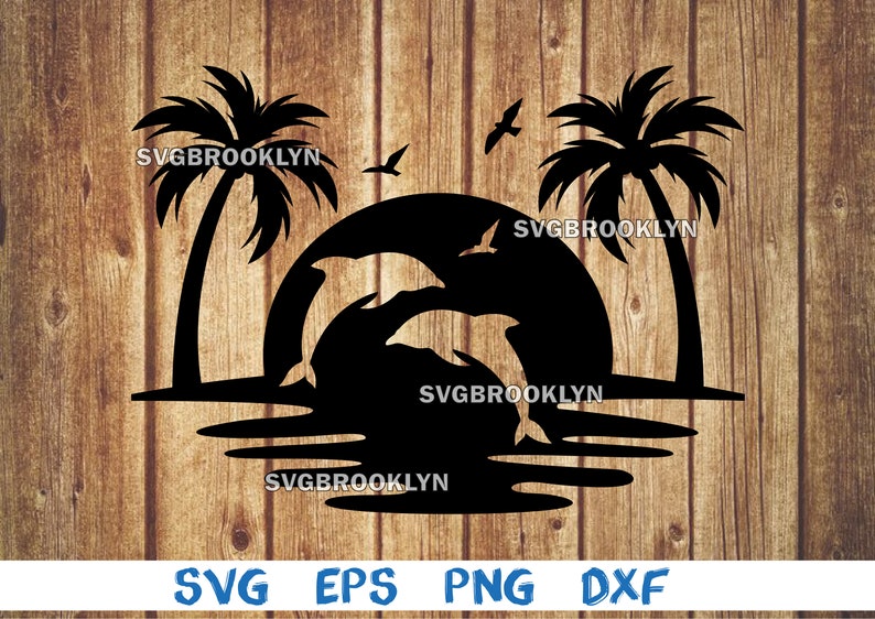 May include: Black silhouette of two dolphins jumping out of the water with a sunset behind them. Two palm trees are on either side of the sunset. The text "SVG BROOKLYN" appears four times in the image.