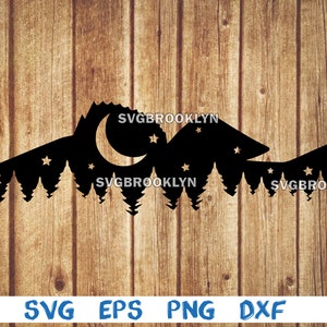 May include: Black silhouette of mountains with a crescent moon and stars, with a row of pine trees in front. The text "SVGBROOKLYN" appears three times in the image.