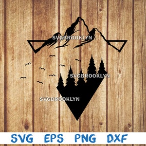 May include: Black and white silhouette of a mountain range with trees and birds flying above. The image is inside a triangle shape with the text "SVGBROOKLYN" repeated three times.