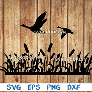 Flying mallard ducks, reeds, silhouette, svg, png, eps, dxf, digital download file