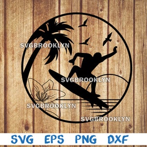 Surfer, man, palm tree, surfing, lily flower, silhouette, sea, ocean, svg, png, eps, dxf, digital file
