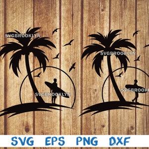 Surf, surfer, surfing, beach, sun, palm tree, landscape, svg, png, eps, dxf, digital file