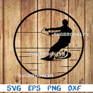 May include: Black and white silhouette of a person waterskiing in a circle. The background is a wood grain pattern.