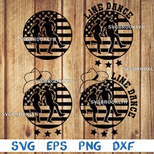 以下が含まれることがあります： 2 人のシルエットが踊っている、白黒のラインダンスのデザインが 4 つあります。デザインにはアメリカ国旗の背景と「ラインダンス」というテキストが使用されています。