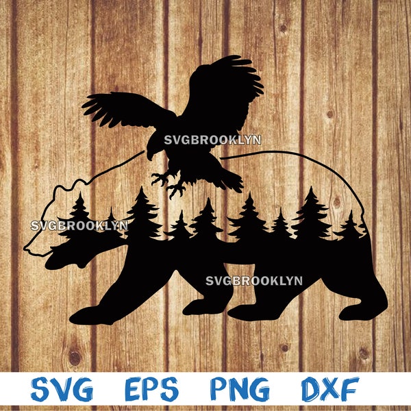 Bear and eagle, bear, eagle, forest, landscape, svg, png, eps, dxf, digital file