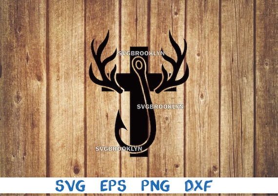 cross fish hook and deer Deer Antler, Cross, Fishing Hook, Svg, Png, Eps, Dxf, Digital File