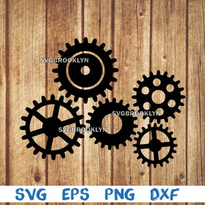 May include: Five black metal gears of different sizes interlocked together against a woodgrain background. The text "SVGBROOKLYN" appears three times on the gears.