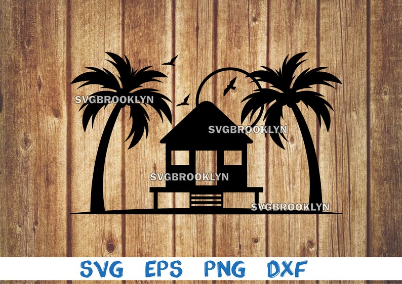 May include: Black silhouette of a beach scene with a hut, palm trees, and birds. The text "SVGBROOKLYN" is repeated throughout the design. Below the image are the letters "SVG EPS PNG DXF".