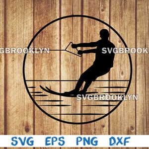 May include: Black and white silhouette of a person water skiing in a circle with a wood grain background. The text "SVGBROOKLYN" appears three times around the circle.