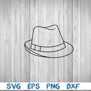 May include: A black and white outline drawing of a fedora hat.