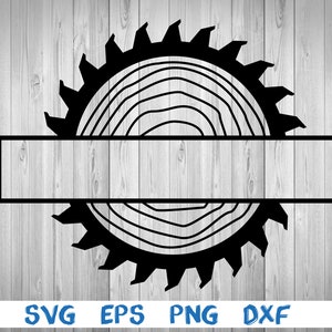 May include: Black and white silhouette of a saw blade with a wood grain pattern inside. A blank banner is positioned below the saw blade.