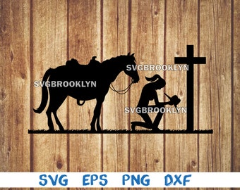 Cowgirl kneeling praying, cowgirl with horse, praying cowgirl, cowgirl kneeling, praying at cross, svg, png, eps, dxf digital file