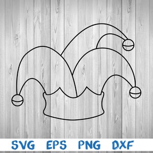 May include: A black and white outline of a jester's hat with three bells on the points.