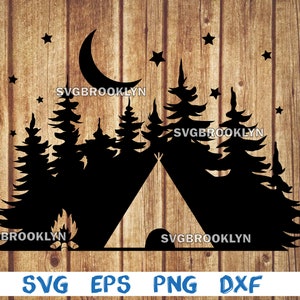 May include: Black silhouette of a tent with a campfire in front of it, surrounded by pine trees and stars. The moon is in the upper left corner of the image. The text "SVG BROOKLYN" appears four times in the image.