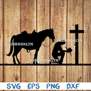 Cowboy agenouillé en prière, cheval, image, silhouette, svg, png, eps, dxf, fichier cricut numérique