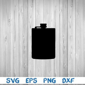 Op de afbeelding: Zwart silhouet van een heupfles met een schroefdop. De fles is rechthoekig met afgeronde hoeken. De achtergrond is een lichtgrijze houten ondergrond. Daaronder de blauwe woorden: SVG EPS PNG DXF.