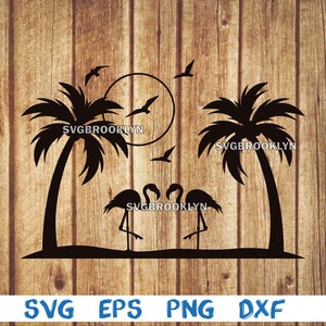 Flamingos with palm trees, flamingo, palm tree, sunset, birds, landscape, svg, png, eps, dxf, digital file