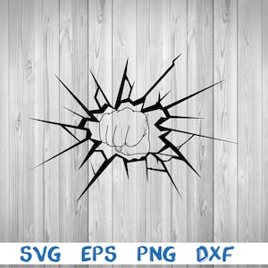 May include: A black and white illustration of a fist breaking through a wall. The fist is clenched and the wall is cracked and broken.