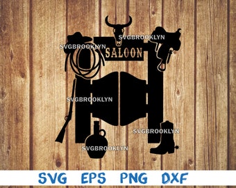 Western saloon, bar, saloon, cowboy saloon, horse saddle, cowboy hat, rifle, whiskey, svg, png, eps, dxf, digital file