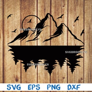 Mountain and forest landscape, mountain, forest, sunset, birds, svg, png, eps, dxf, digital file