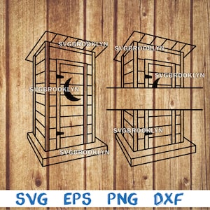 May include: Black and white line art illustration of a outhouse with a crescent moon on the door. The outhouse is on a wooden background. The text "SVG BROOKLYN" appears multiple times on the image.