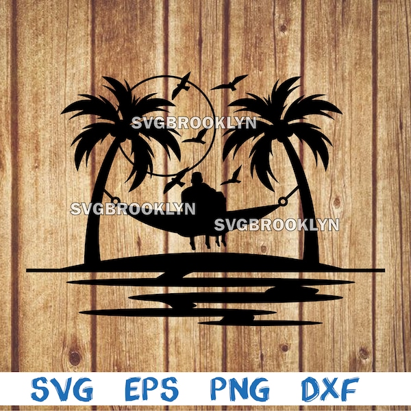 Palm tree, tropical island, man and woman, couple, couple on hammock, landscape, scene, picture, svg, png, eps, dxf, digital cricut file