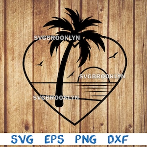 Palm tree, island, sunset, birds, landscape, heart, svg, png, eps, dxf, digital file