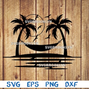 Palm tree, tropical island, sunset, birds, hammock, svg, png, eps, dxf, digital cricut file