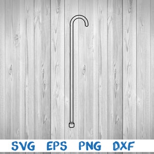 May include: A black and white outline of a walking stick with a curved handle.