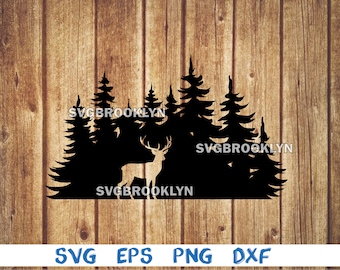 May include: Black silhouette of a deer standing in a forest of pine trees. The deer has large antlers. The trees are tall and slender. The image is set against a wood grain background.